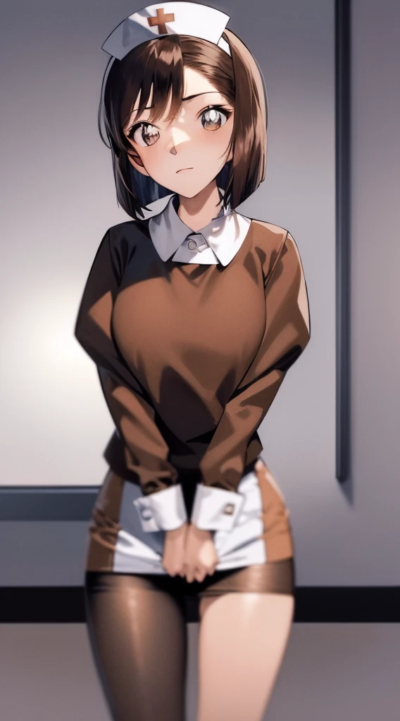 ((masterpiece)), (8K, expensive_solve), (clear_image), ((One Girl, solo)),  (Highest quality), (meitantei conan\(style\), meitantei conan), solo, Beautiful eyes and a beautiful face, Cowboy Shot ,((One Girl, solo)), huge , (short hair, hair band, amount), ((Nurse attire))、(mini skirt)、((Light brown pantyhose))、(amountを突き出す)、((Brown Hair))、Bedroom、White panties through pantyhose