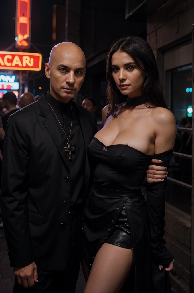 Create an image featuring a bald priest in his late 50s, tall and slim, wearing traditional black priest attire, including a clerical collar. He stands in front of a nightclub, characterized by vibrant neon lights and a bustling urban backdrop. Beside him is a 25-year-old woman who is a hooker. She has long, straight dark hair and is dressed in a provocative and stylish outfit, featuring a short skirt and a low-cut blouse, her blouse has a provocative neckline that highlights her youthful appearance. The scene captures a contrast between the solemnity of the priest and the lively, colorful nightclub setting. Both characters are facing the viewer, with the priest displaying a contemplative expression while the woman smiles subtly, suggesting a complex and intriguing interaction.