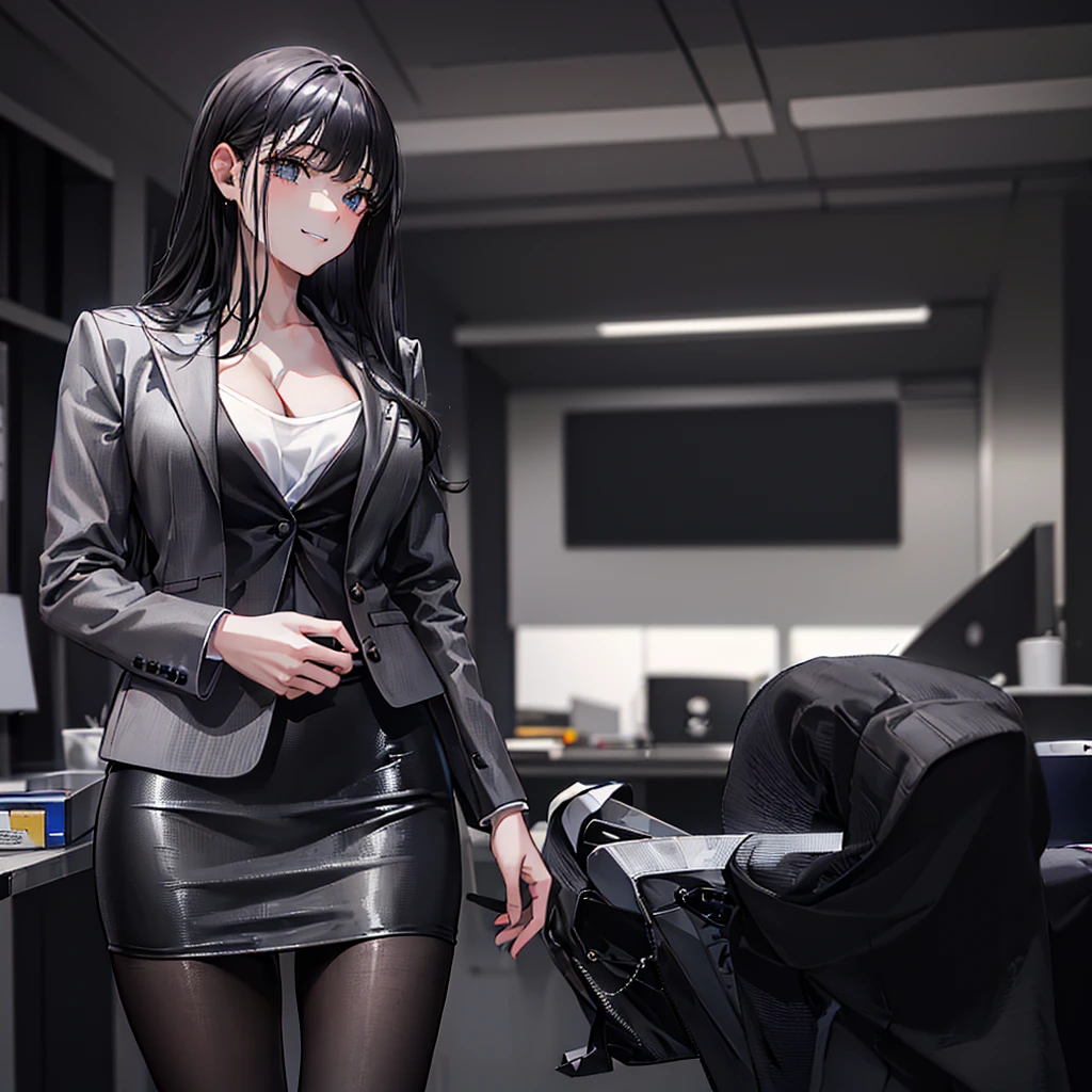 (8k, Best image quality, highest quality, masterpiece), Detailed face,
1 girl, Black Hair, Long Hair, Diagonal bangs, smile、Moderate breasts, (Grey suit jacket:1.2), (White T-shirt), Cleavage, (Grey pencil skirt:1.2), (black pantyhose), Cowboy Shot, Office Background, american shot.