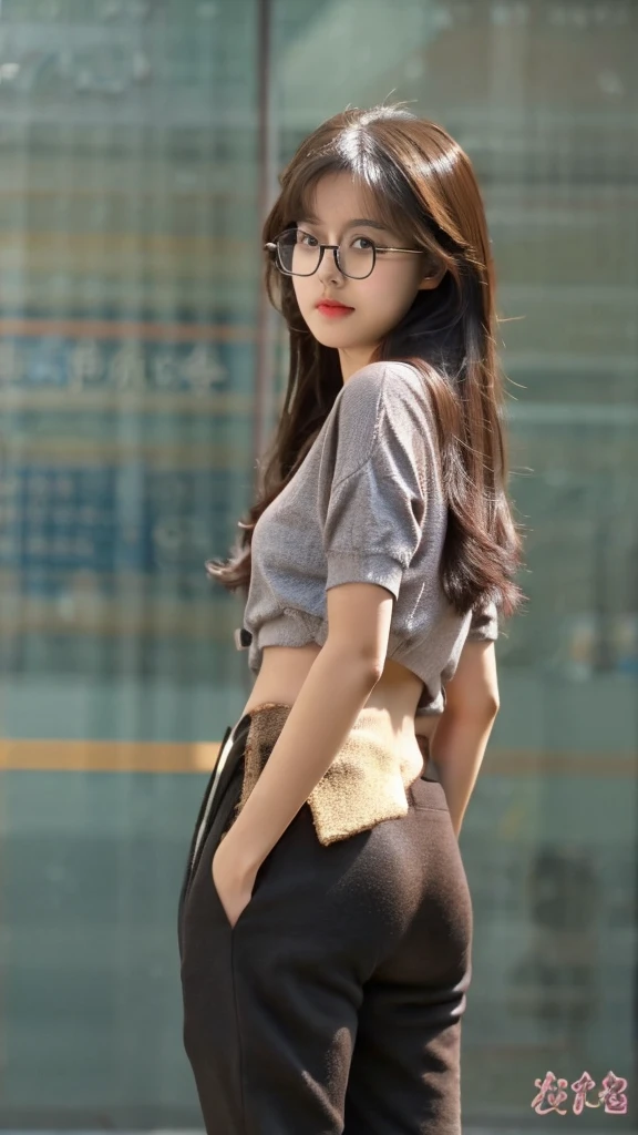 Cute dark skin toned Chinese girl wearing glasses,mid size butt