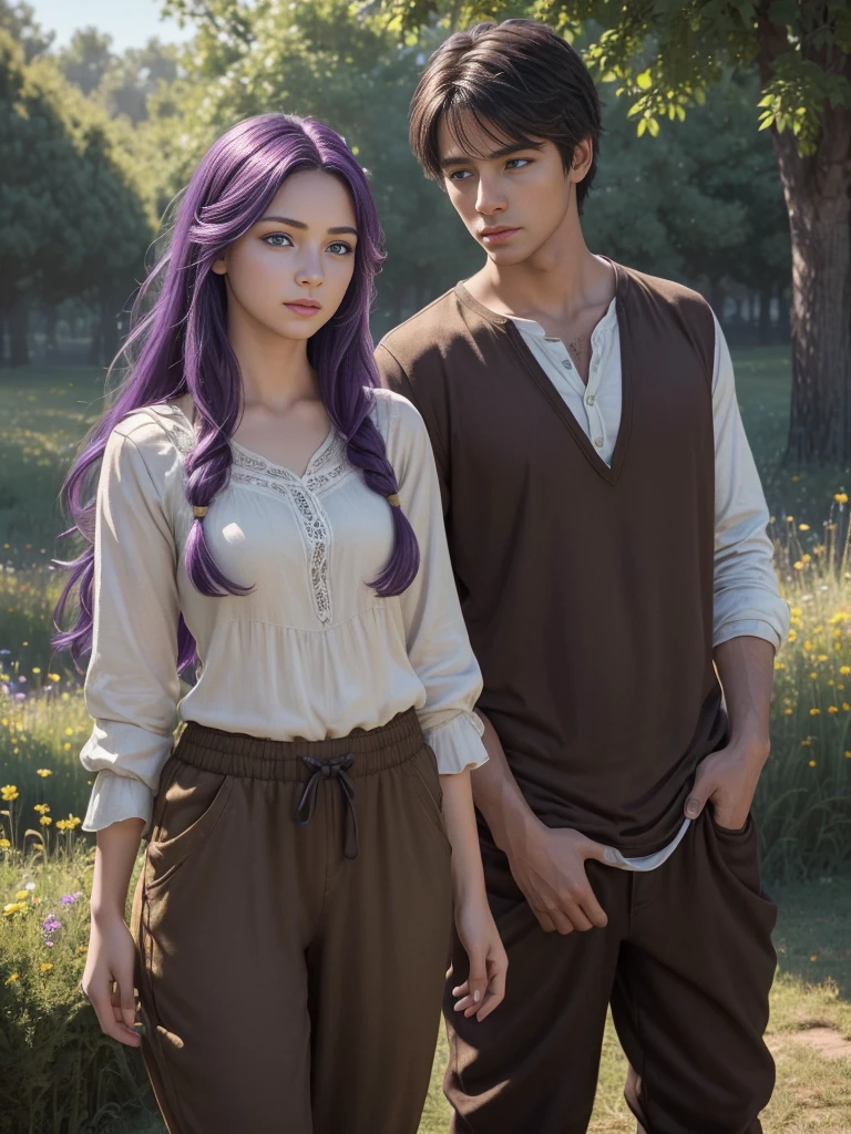 A heartwarming scene of young Alleia and Malcolm meeting for the first time on Slaphnyr island. (((Alleia is a 15-year-old girl with long blonde hair and light blue eyes, wearing a simple white dress))). She is holding a small bouquet of colorful flowers and looks shy but curious. (((Malcolm is a 17-year-old boy with short, dark purple hair and black eyes, dressed in casual clothes—a brown tunic and pants))). He is offering Alleia a glowing, enchanted toy shaped like a small, magical animal. They are standing in a beautiful meadow filled with vibrant flowers and magical creatures like fairies and tiny dragons. Both children have friendly and curious expressions, capturing the beginning of their extraordinary bond. (photo realistic:1.4), (hyper realistic:1.4), (realistic:1.3), (smoother lighting:1.05), (increase cinematic lighting quality:0.9), 32K, realistic lighting, ray trace, (brightening light:1.2), (Increase quality:1.4), (best quality real texture skin:1.4), finely detailed eyes, finely detailed face, finely quality eyes. (UHD, retina, masterpiece, accurate, anatomically_correct, textured_skin, super_detail, high_details, high_quality, best_quality, high_res, 1080P, HD, 4K, 8k, 16k), (beautiful_detailed_eyes, beautiful_detailed_lips, extremely_detailed_eyes_and_face), soft_lighting, physically-based_rendering, vivid_colors, (Best Highest Quality, 8K, High Resolution, Masterpiece:1.2), Ultra Detailed, Extremely Fine, (Realistic, Photo Realistic:1.37).