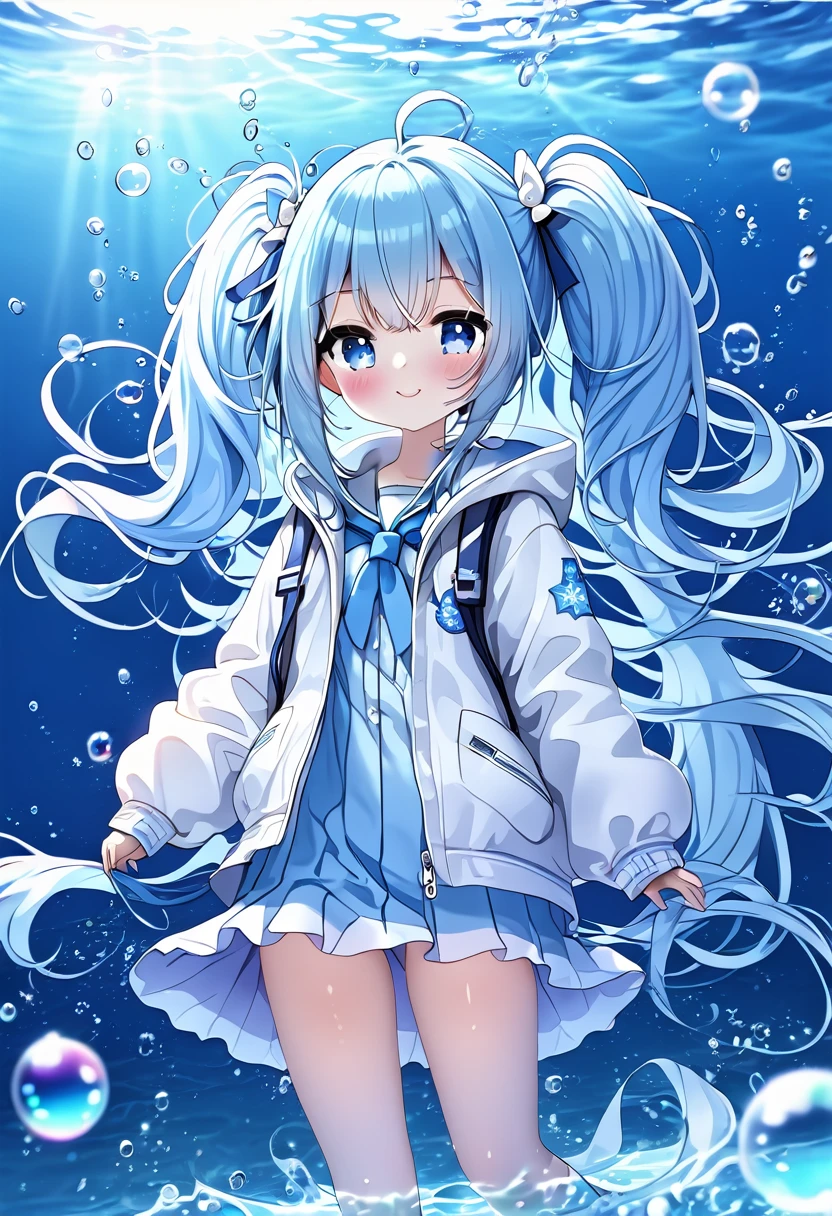 ((Highest quality)), ((masterpiece)), ((Ultra-detailed)), (Very delicate and beautiful), girl、solo,Bright smile、Light blue long hair、Twin tails,((Jacket)),She is very(relax)with(Calm)Appearance,Depth of written boundary,Wicked Smile,bubble, Underwater, Air bubbles,bright light blue eyes,Inner color with light blue tips,,,,,,,,,,,,,,Cold Background,Shorts、Knee-high socks、Like a white uniform 、Light blue ribbon tie、The clothes are transparent、Put your hands in your pockets、Eyes as bright as sapphires,Frontless Blue, A small blue light was floating、Upward glance、Broken glass、Snowflake hair ornament