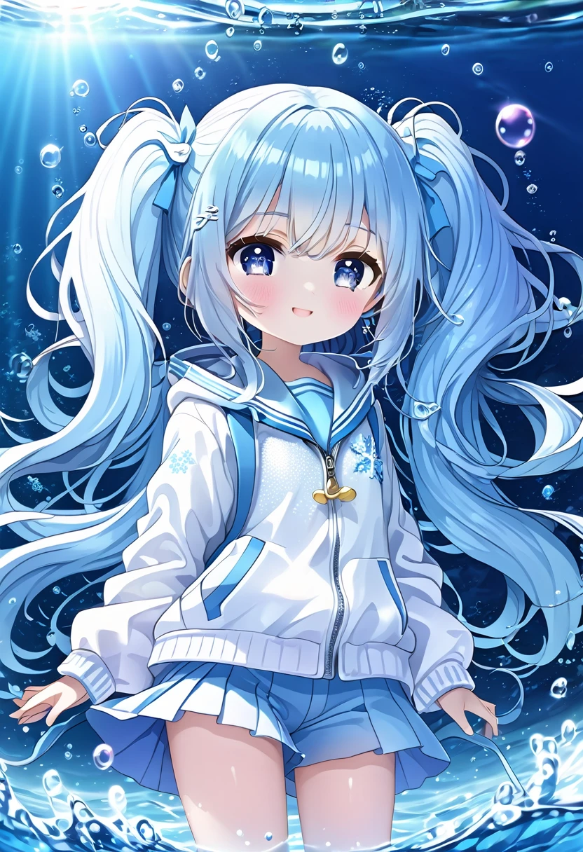 ((Highest quality)), ((masterpiece)), ((Ultra-detailed)), (Very delicate and beautiful), girl、solo,Bright smile、Light blue long hair、Twin tails,((Jacket)),She is very(relax)with(Calm)Appearance,Depth of written boundary,Wicked Smile,bubble, Underwater, Air bubbles,bright light blue eyes,Inner color with light blue tips,,,,,,,,,,,,,,Cold Background,Shorts、Knee-high socks、Like a white uniform 、Light blue ribbon tie、The clothes are transparent、Put your hands in your pockets、Eyes as bright as sapphires,Frontless Blue, A small blue light was floating、Upward glance、Broken glass、Snowflake hair ornament