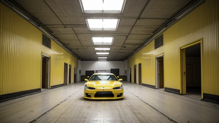 car drift in a large maze of empty yellow rooms