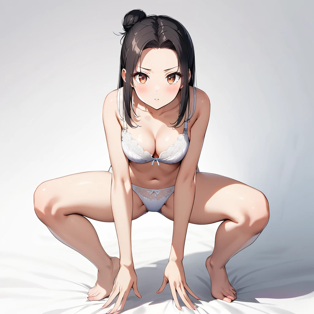 16k works,Highest quality,18-year-old,No background.White background only,whole body、Kneel,Dynamic and sexy pose, One person, Beautiful Face,, Symmetrical eyes, Perfect body, Good balance、 Perfect body、Brown eyes、expensive、Black Hair、(expose forehead:1.7)、(Hair Bun:1.3),Straight hair、Luxury、(White lace bra:1.5)、(White panties:1.3)、(front:1.5)