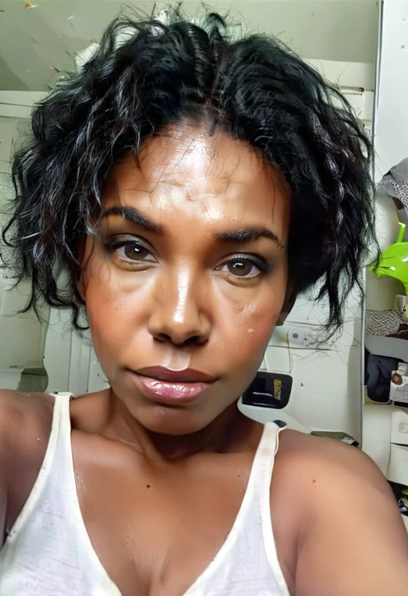 Black woman 45 years old, messy hair, with open pores, wrinkles, natural eyes, big face and full lips, bushy eyebrows, is looking straight into the camera, with a welcoming look, , homemade looking photo, no effects and shine, must look like a real person, cell phone selfie photo, must have background image, whether the fourth,