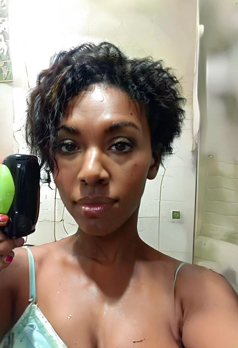 Black woman 45 years old, messy hair, with open pores, wrinkles, natural eyes, big face and full lips, bushy eyebrows, is looking straight into the camera, with a welcoming look, , homemade looking photo, no effects and shine, must look like a real person, cell phone selfie photo, must have background image, whether the fourth,