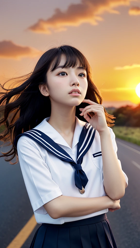 (Wearing a white sailor suit with a navy blue collar and a navy blue miniskirt、Close-up portrait of a girl with long black wavy hair: 1.5)、(Japanese girl with sad face looking up at the sky on country road:1.5)、(Blurred Background:1.5)、(red sky at sunset:1.5)、(Perfect Anatomy:1.3)、(Complete Hand:1.3)、(Full Finger:1.3)、Photorealistic、Raw photo、Mastepiece、Highest quality、High resolution、Delicate and beautiful、Perfect Face、Beautiful eyes in every detail、Fair skin、Real human skin、((Thin legs))、(Black Hair)