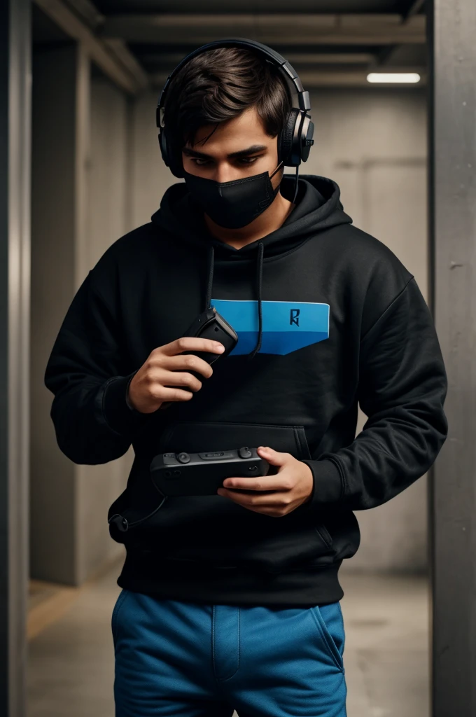 A boy in a black sweatshirt and black mask and blue pants and with headphones and a video game controller and it says free fire below 