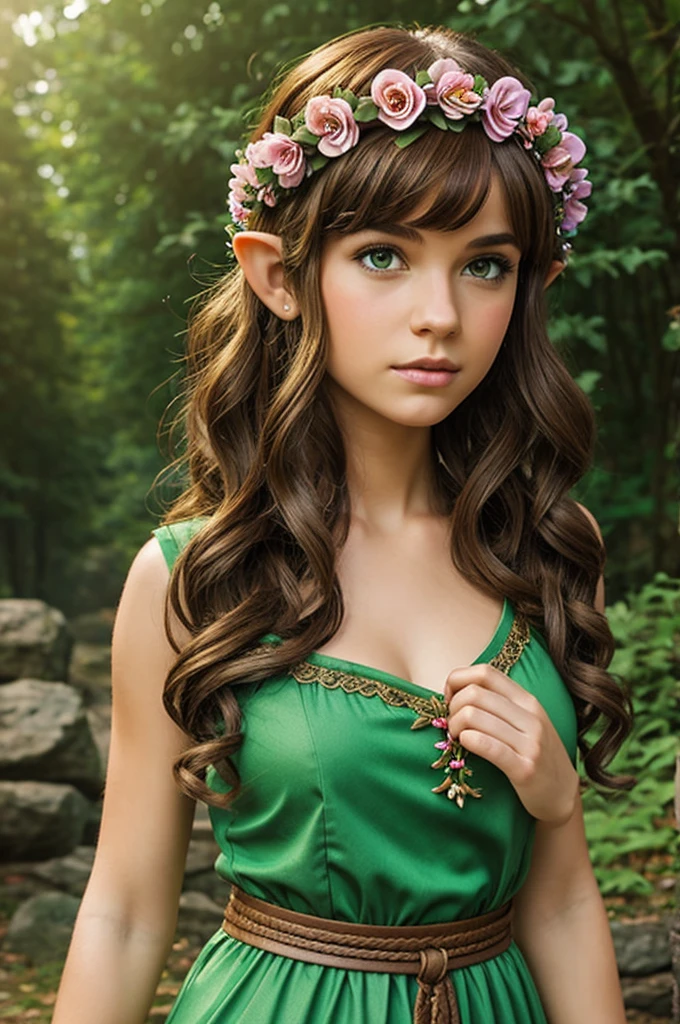 2d pixelated rpg style, elf girl with curly brown hair wearing a flower crown