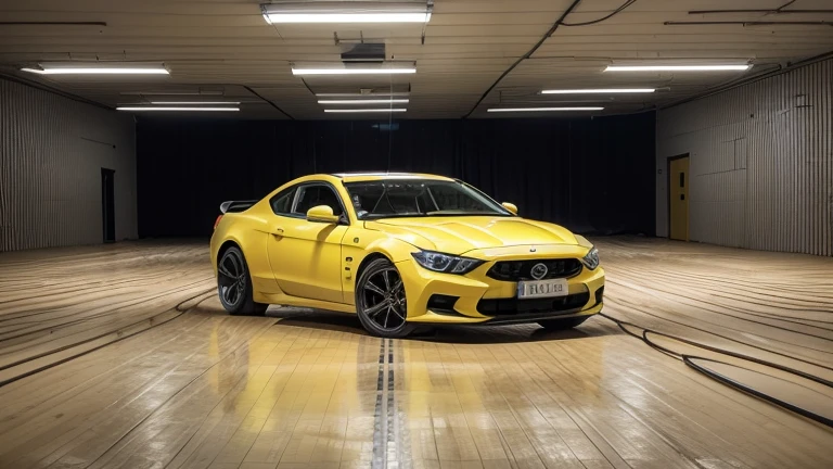 car drift in a large maze of empty yellow rooms