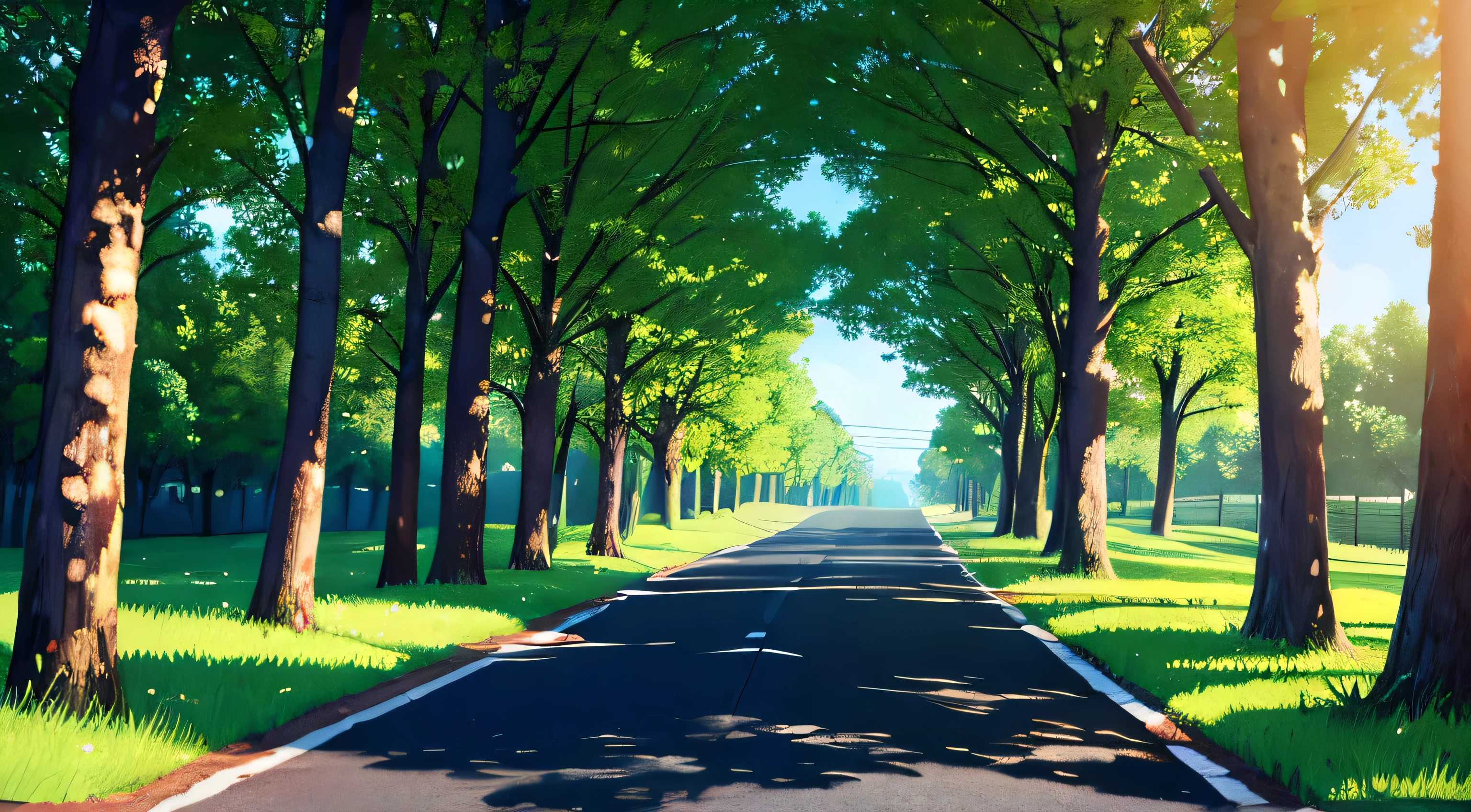 bottom (animated style) road with trees on a sunny day