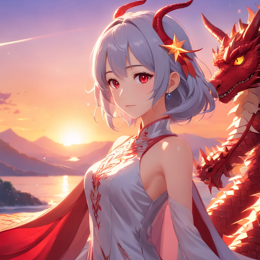 Unreal Engine: 1.4, UHD, Best Quality: 1.4, Photorealistic: 1.4, Skin Texture: 1.4, Masterpiece: 1.8, Red Dragon Queen, Long Elf Ears, Elegant Dress, Dragon Ling Vawy Hair, Soft Facial Features, red dragon horns on her head, majestic woman, silver decoration on her dress, Silver Star Queen, big gradient eyes with warm colors, cherry lips, red dragons, sky at sunset, with several suns and stars with warm colors.