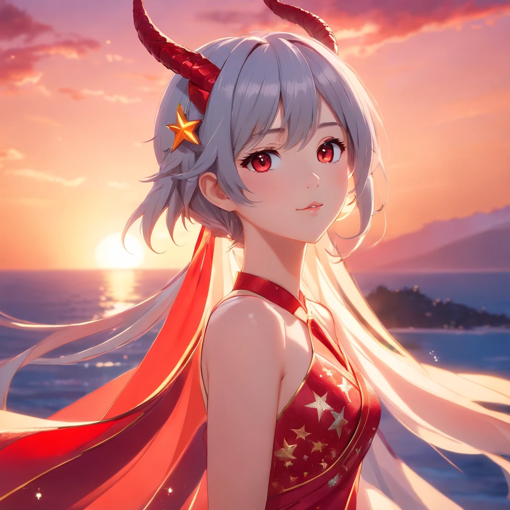 Unreal Engine: 1.4, UHD, Best Quality: 1.4, Photorealistic: 1.4, Skin Texture: 1.4, Masterpiece: 1.8, Red Dragon Queen, Long Elf Ears, Elegant Dress, Dragon Ling Vawy Hair, Soft Facial Features, red dragon horns on her head, majestic woman, silver decoration on her dress, Silver Star Queen, big gradient eyes with warm colors, cherry lips, red dragons, sky at sunset, with several suns and stars with warm colors.