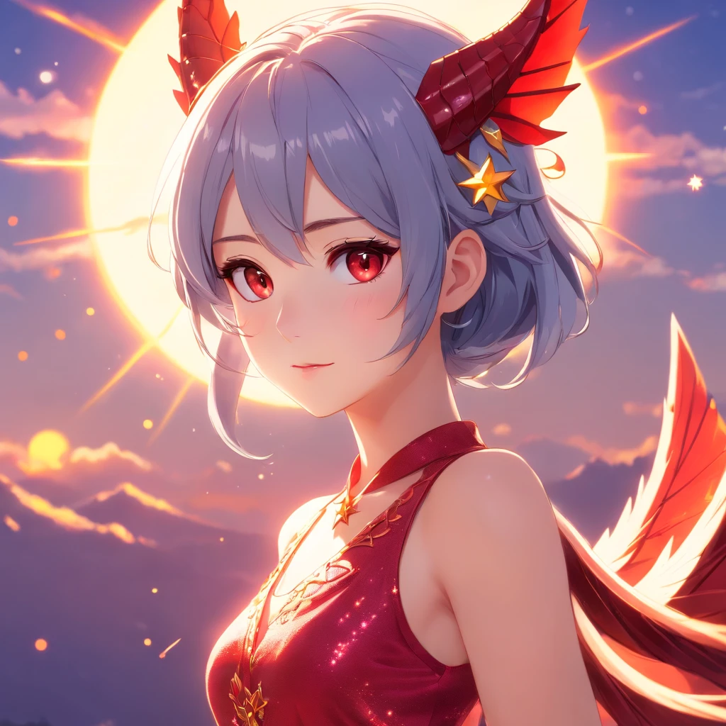 Unreal Engine: 1.4, UHD, Best Quality: 1.4, Photorealistic: 1.4, Skin Texture: 1.4, Masterpiece: 1.8, Red Dragon Queen, Long Elf Ears, Elegant Dress, Dragon Ling Vawy Hair, Soft Facial Features, red dragon horns on her head, majestic woman, silver decoration on her dress, Silver Star Queen, big gradient eyes with warm colors, cherry lips, red dragons, sky at sunset, with several suns and stars with warm colors.