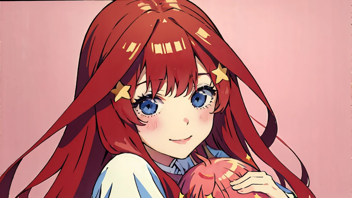 ((best quality)), ((masterpiece)), (detailed), perfect face, 1girl, nakano itsuki, smiling, whimsical, triad color pallette, hugging knees, looking at viewer, pink water droplets, smiling, flat colouring, full body, blank space on the left, fluffy red hair, star hairclips