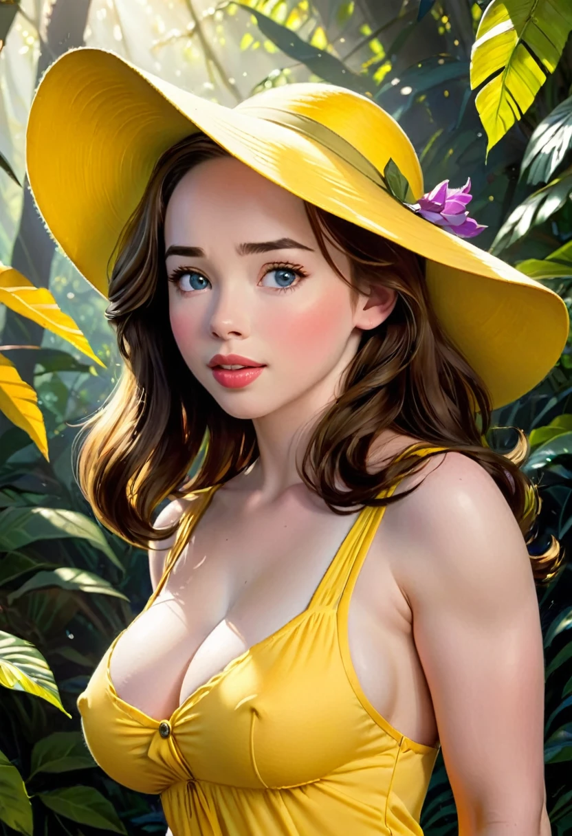 A girl in a yellow dress, with brunette hair and a yellow hat, named Jane. She has a sexy and attractive appearance. big and appealing breasts. Tarzan, a muscular man, is also present in the scene. The medium used to depict this artwork is oil painting, ensuring a high-quality and detailed result. The painting style is realistic and photorealistic, with vivid colors and sharp focus. The overall lighting is well-balanced, illuminating the scene beautifully. Anna Popplewell