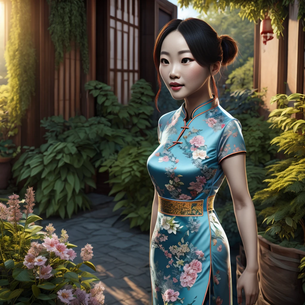 a beautiful girl in a traditional chinese cheongsam dress, intricate floral patterns, flowing fabric, elegant pose, detailed facial features, beautiful eyes, delicate lips, long eyelashes, glowing skin, mysterious expression, outdoor garden setting, lush greenery, warm lighting, cinematic composition, digital art, highly detailed, photorealistic, concept art style