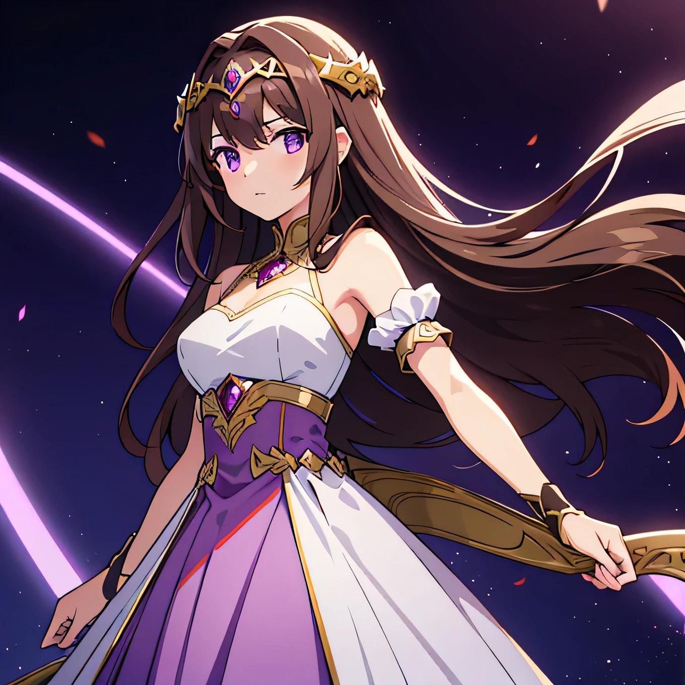 high resolution, 4k ultra sharp, half body, 1 female, long brown hair, purple princess knight dress, circlet