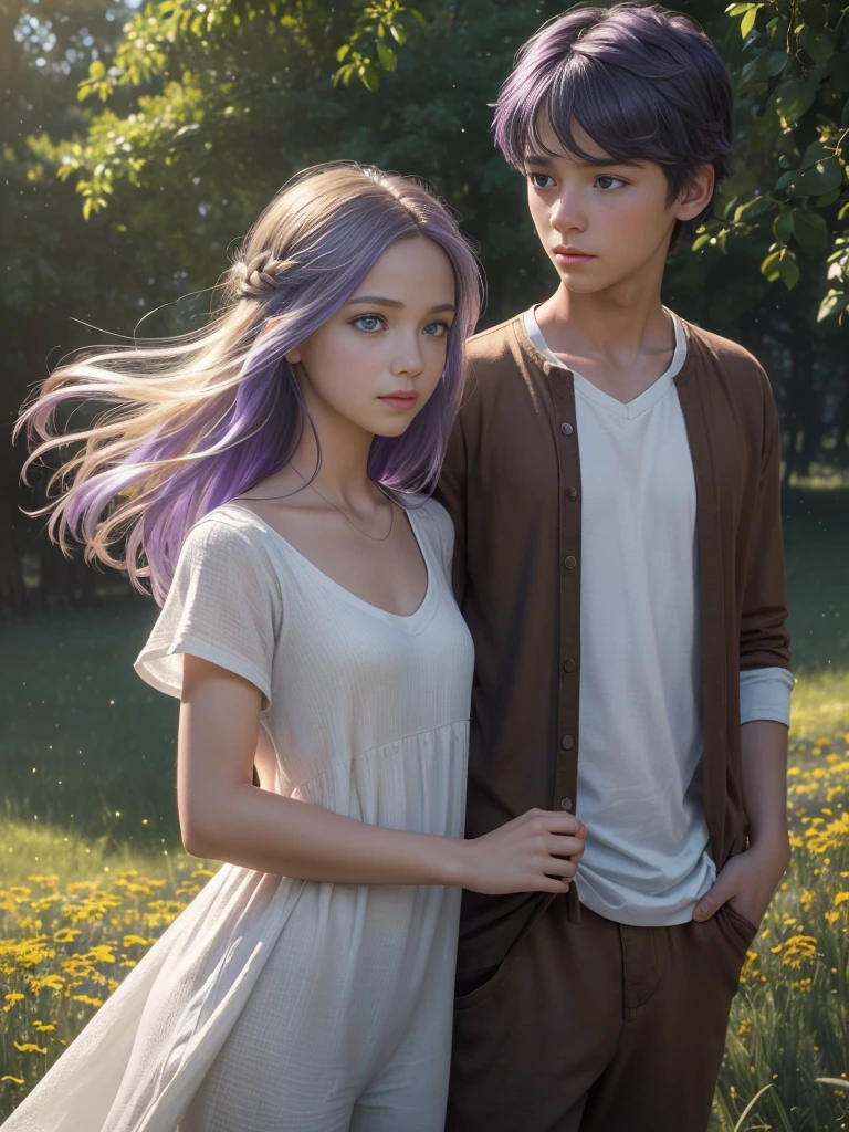 (((Alleia is a 15-year-old (girl) with long blonde hair and light blue eyes, wearing a simple white dress))). She is holding a small bouquet of colorful flowers and looks shy but curious. (((Malcolm is a 17-year-old (boy) with short, dark purple hair and black eyes, dressed in casual clothes—a brown tunic and pants))). He is offering Alleia a glowing, enchanted toy shaped like a small, magical animal. They are standing in a beautiful meadow filled with vibrant flowers and magical creatures like fairies and tiny dragons. Both children have friendly and curious expressions, capturing the beginning of their extraordinary bond. (photo realistic:1.4), (hyper realistic:1.4), (realistic:1.3), (smoother lighting:1.05), (increase cinematic lighting quality:0.9), 32K, realistic lighting, ray trace, (brightening light:1.2), (Increase quality:1.4), (best quality real texture skin:1.4), finely detailed eyes, finely detailed face, finely quality eyes. (UHD, retina, masterpiece, accurate, anatomically_correct, textured_skin, super_detail, high_details, high_quality, best_quality, high_res, 1080P, HD, 4K, 8k, 16k), (beautiful_detailed_eyes, beautiful_detailed_lips, extremely_detailed_eyes_and_face), soft_lighting, physically-based_rendering, vivid_colors, (Best Highest Quality, 8K, High Resolution, Masterpiece:1.2), Ultra Detailed, Extremely Fine, (Realistic, Photo Realistic:1.37).