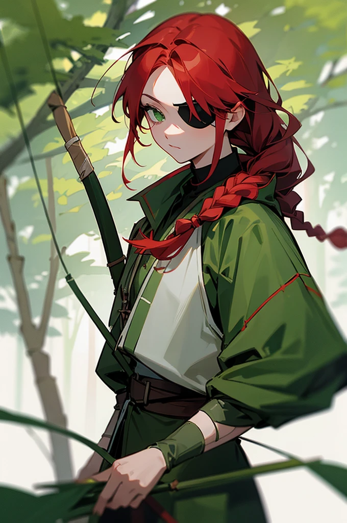 red hair, eye patch, green eyes, in forest, braided hair, green archer outfit