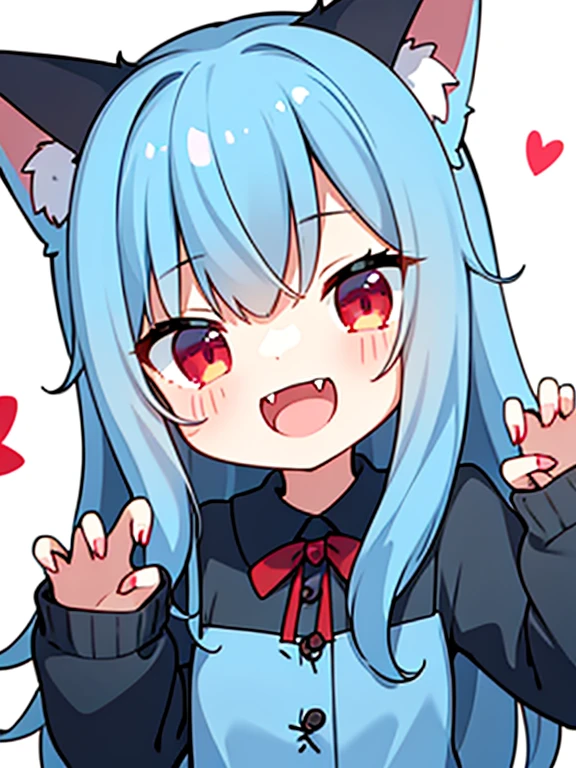 1girl, impitou, blue shirt, buttons, long sleeves, curly hair, red eyes, upper body, close-up, open mouth, fangs, tongue out, :D, looking at viewer, claw pose, sharp fingernails, blood on face, blood,
