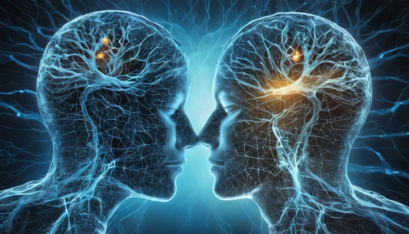 Double exposure style, silhouettes of heads connected by glowing brain synapses, double image ghost effect, image combination, double exposure style 