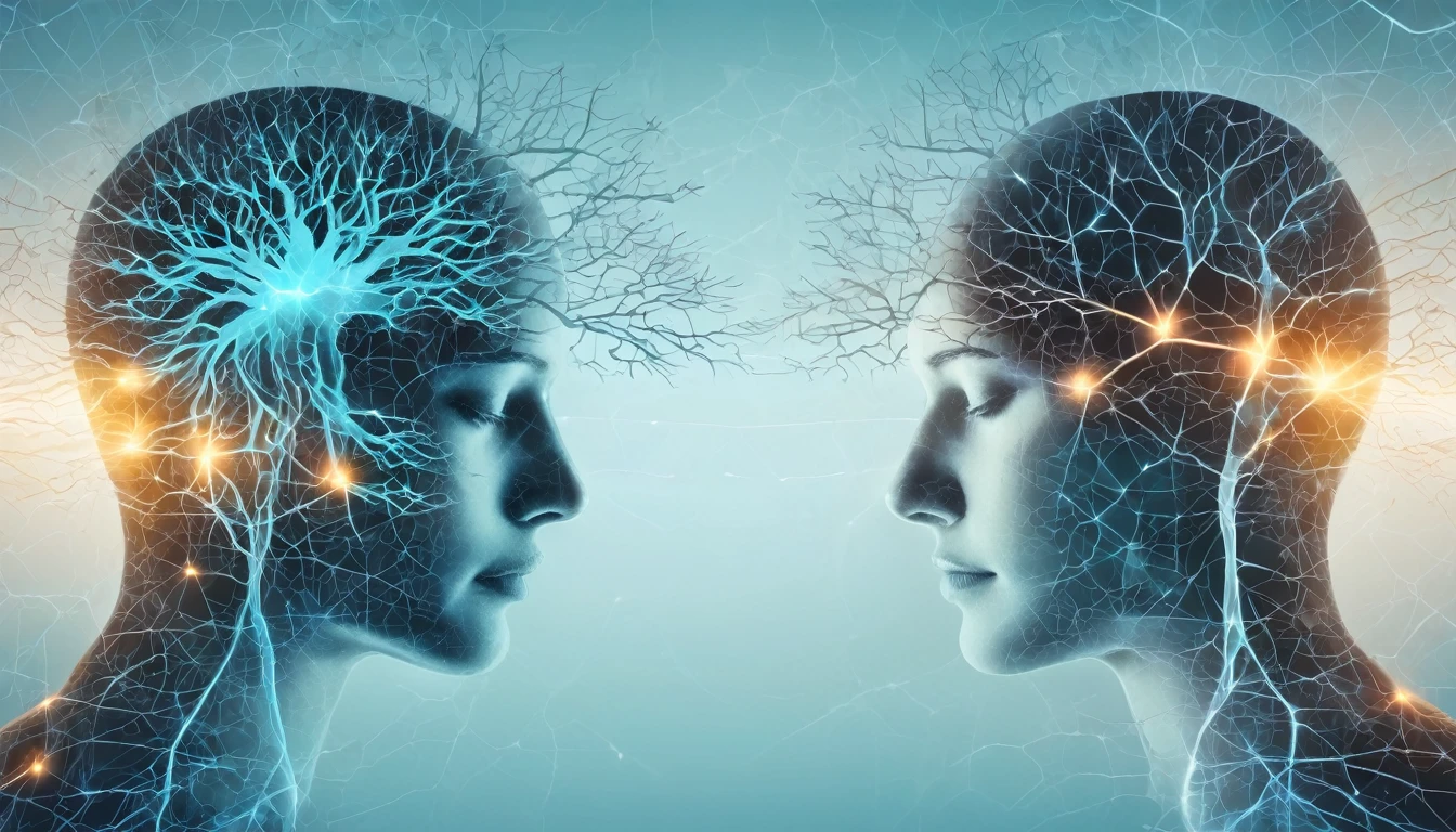 Double exposure style, silhouettes of heads connected by glowing brain synapses, double image ghost effect, image combination, double exposure style