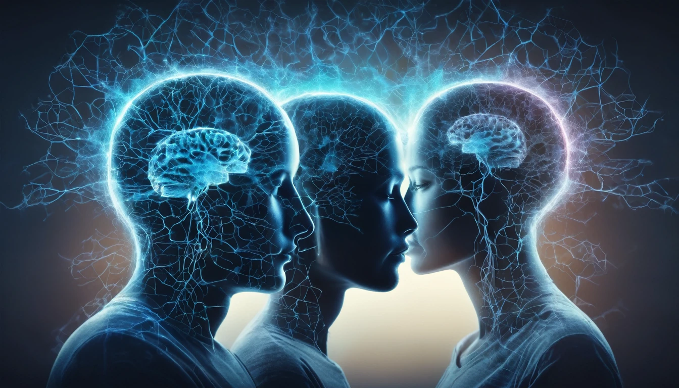 Double exposure style, silhouettes of heads connected by glowing brain synapses, double image ghost effect, image combination, double exposure style
