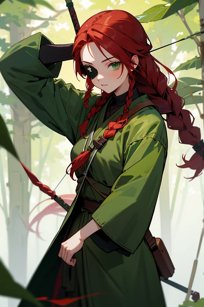 red hair, eye patch, green eyes, in forest, braided hair, green archer outfit

