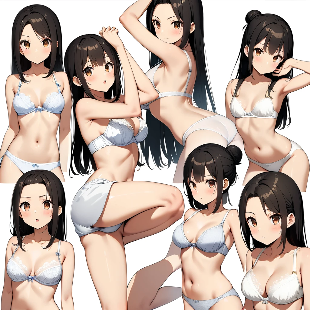 16k works,Highest quality,18-year-old,No background.White background only,whole body、Kneel,Dynamic and sexy pose, One person, Beautiful Face,, Symmetrical eyes, Perfect body, Good balance、 Perfect body、Brown eyes、expensive、Black Hair、(expose forehead:1.7)、(Hair Bun:1.3),Straight hair、Luxury、(White lace bra:1.5)、(White panties:1.3)、(front:1.5)