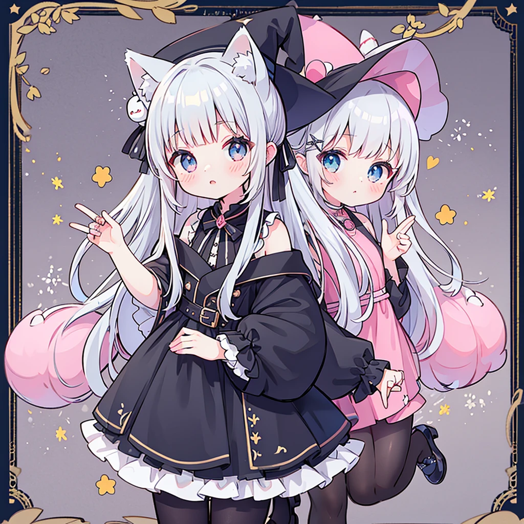 female、Wizard 의상,angel hall,Wizard, light blue eyes、Wear Mary Jane Shoes,The shoes have a pair of small wings.., jewelry store,pose for a photo.,long hair、twintail hair,canine,shy,blush,Hot、masterpiece、Best image quality、top quality、witch clothes、witch hat、超long hair,fox ears,gray hair,(black pantyhose), exquisite eyes、Beautiful girl、Chubby cheeks、cute 드레스、puffy sleeves、Ruffled skirt、pink ribbon、cute、change、black leg ring,off shoulder strap changeta,