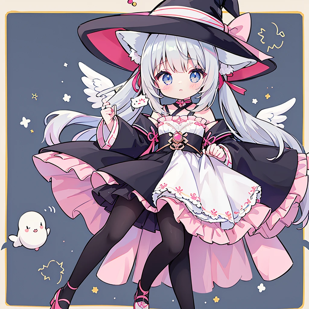 female、Wizard 의상,angel hall,Wizard, light blue eyes、Wear Mary Jane Shoes,The shoes have a pair of small wings.., jewelry store,pose for a photo.,long hair、twintail hair,canine,shy,blush,Hot、masterpiece、Best image quality、top quality、witch clothes、witch hat、超long hair,fox ears,gray hair,(black pantyhose), exquisite eyes、Beautiful girl、Chubby cheeks、cute 드레스、puffy sleeves、Ruffled skirt、pink ribbon、cute、change、black leg ring,off shoulder strap changeta,
