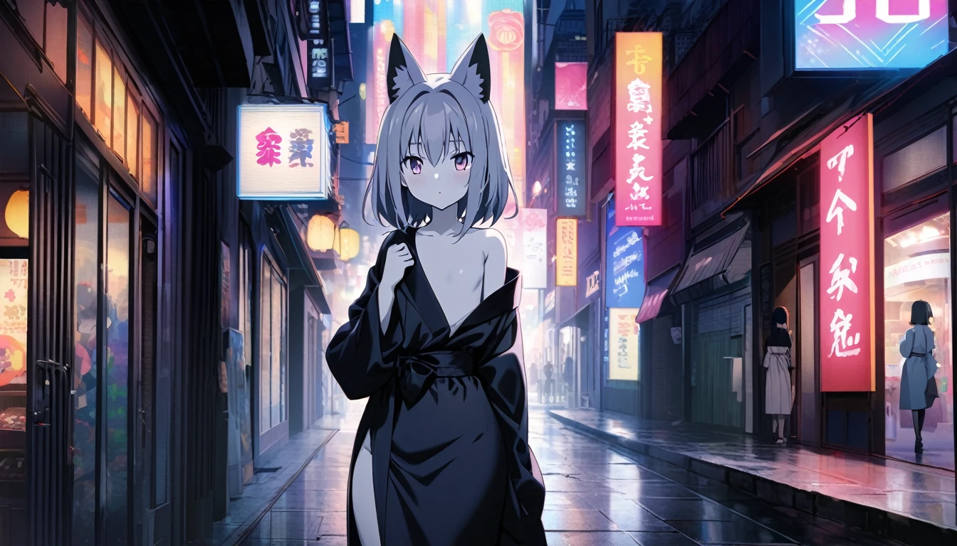 ((anime zero no tsukaima art, masterpiece, 4k, extreme quality)). 
The theme is supernatural.
The setting is a street in the center of Tokyo(detailed:1,9), the year is 2024, summer, without fog, full of varied open stores in the surroundings, full of people in the surroundings, it is 9 pm, the sky is starry, the environment is illuminated by the lights of streetlights and open stores.  There is a girl(Only 1), she is the focus of the scene, she , she has purple fox ears(long:1,3), she has 9 purple tails(long:1,8) fox, hair(short:1,8) messy and gradient purple with gray from top to bottom, bright and silver eyes(bright:2,1), pale white skin, short stature(short:1,3, she wears a totally black yukata, thin(thin:1,5), narrow chest, flat chest, waist(thin:1,7), wide hips, big round butt, beautiful thighs, beautiful curves, shy and embarrassed behavior, fullbody vision(far:1,2).  The atmosphere is pleasant. Complete view of scene.