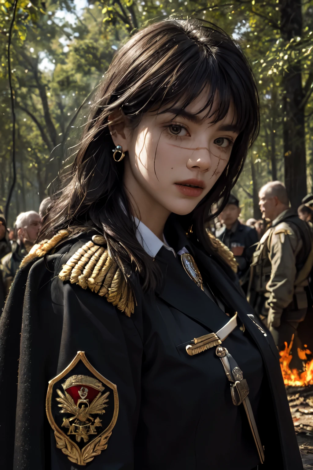realistic, masterpiece, best quality, close-up, lips , upper body , no makeup, mature female, cowboy shot, black hair, military uniform, black military jacket , black cape , , badge, military jacket , , valor , golden badge , military badge, depth of field, long hair, mole under eye, , earrings, gloves, crowded place , crowd, evening, branch, dead tree, fireflies, sparkle, fire_sparkle , fire , scar_on_eye , military badge , medals , blood , bleeding , on fire forest , burning trees , military valor , burning background , crowded place , , big fire , german military , battlefield , red eyes , pose , hair bangs