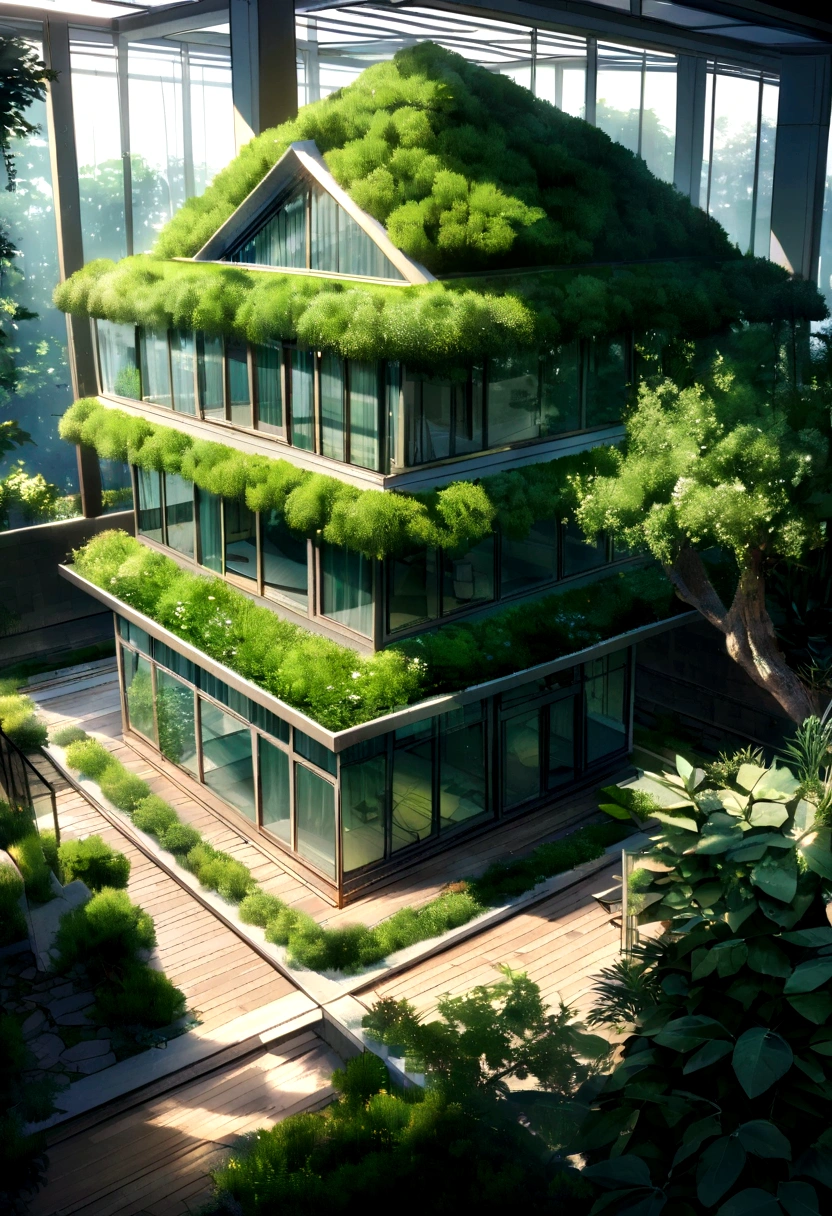 set in a real way the architectural work that has a living space on its roof and its patios with vegetation. The structure is made of translucent polyarbonate glass material. Its characteristic is its road connection and its green spaces.
