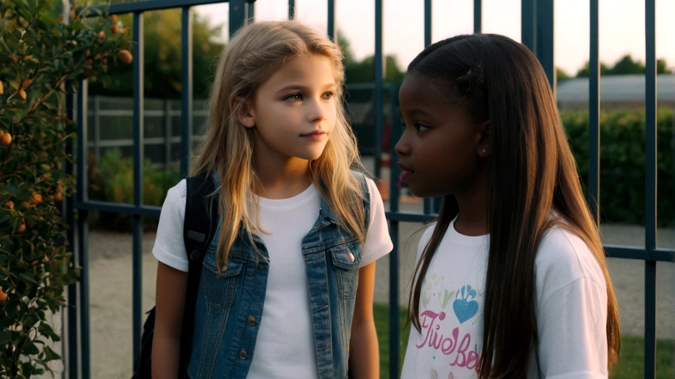 isvana is an 11 year old white girl with light hair and brown eyes, wearing a denim jacket and a white blouse, she looks like the singer Jon Bom Jovi, she is with her friend Leide, a 15 year old girl with dark skin, they know her lineker friend