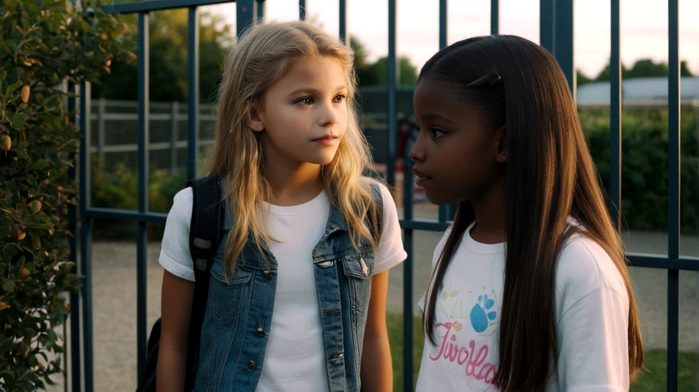 isvana is an 11 year old white girl with light hair and brown eyes, wearing a denim jacket and a white blouse, she looks like the singer Jon Bom Jovi, she is with her friend Leide, a 15 year old girl with dark skin, they know her lineker friend
