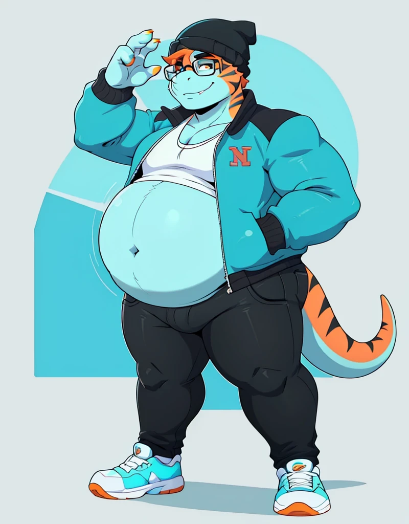 A male chubby orange anthropomorphic lizard with cyan stripes and a big belly, wearing a blue and cyan jacket, black tight jeans, glasses, a blue and cyan beanie, and a white tight tanktop, waveing