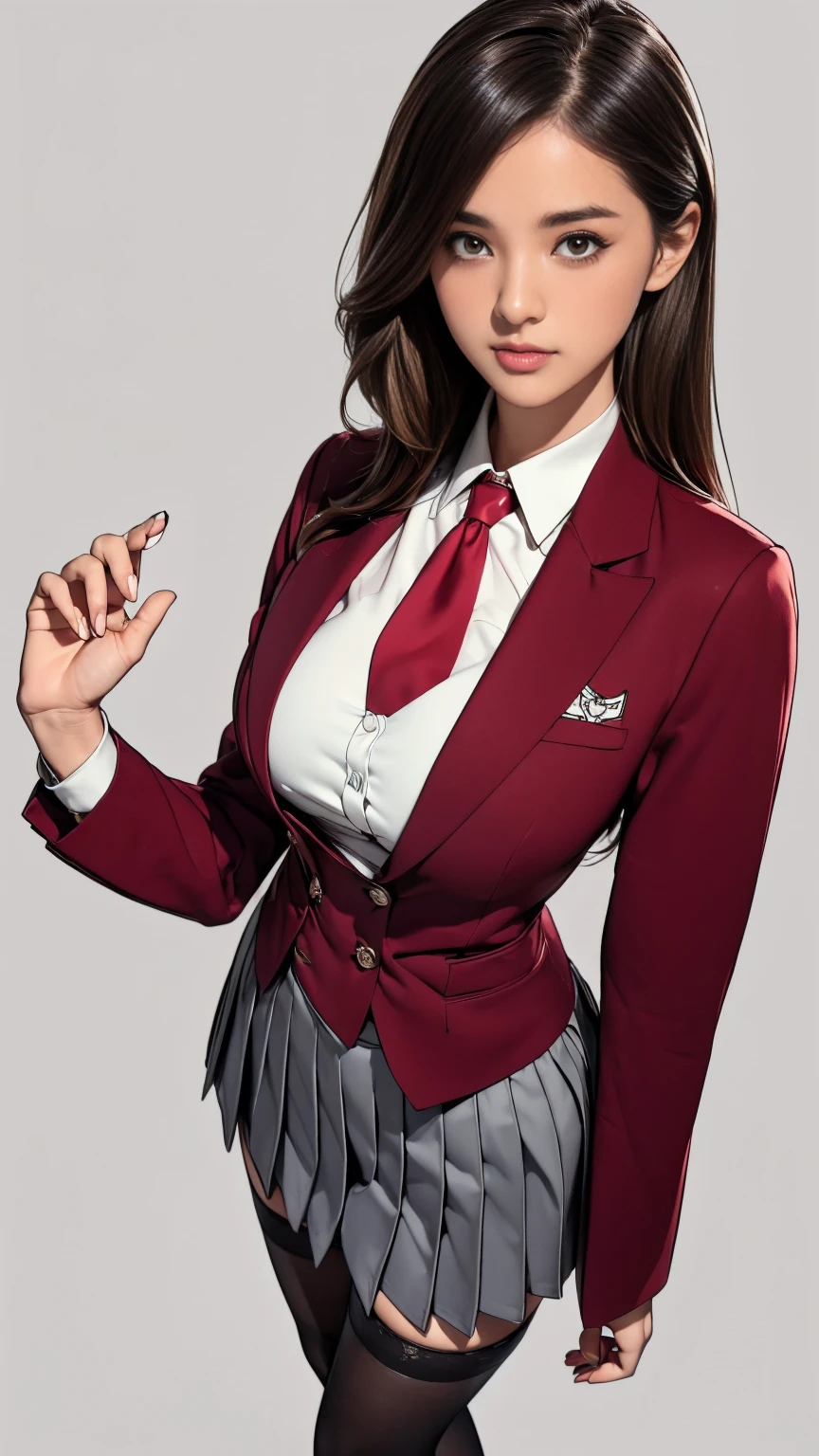 ((best quality,4k,highres,masterpiece:1.2)),((character concept art)), 1 female, age 18. Known for her youthful charm and unwavering determination, Her body language is as modest as her personality, always exuding a sense of innocence and resilience, ((She is dressed in a prestigious Tokyo high school uniform)), (((The uniform includes a (tailored maroon blazer with the school crest on the chest), a (maroon necktie), (a white blouse) with a Peter Pan collar underneath that compliment her natural E-cup breasts, a (pleated grey skirt) that emphasizing her figure))), (((She enhances her look with Sheer black stockings and black leather oxford shoes))), carrying her ensemble with an air of subtle confidence. Her accessories are minimal, reflecting her simple lifestyle at this age. ((intricate detail)), super finely detailed hands, ultra finely detailed fingers(((ten fingers))), (standing confidently), (full body showcase), (show full body), (no logos on background), (no logo), ((plain background)), ((plain background)), (((empty background))).
