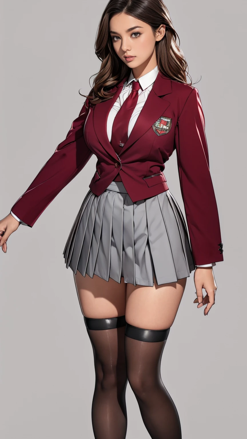 ((best quality,4k,highres,masterpiece:1.2)),((character concept art)), 1 female, age 18. Known for her youthful charm and unwavering determination, Her body language is as modest as her personality, always exuding a sense of innocence and resilience, ((She is dressed in a prestigious Tokyo high school uniform)), (((The uniform includes a (tailored maroon blazer with the school crest on the chest), a (maroon necktie), (a white blouse) with a Peter Pan collar underneath that compliment her natural E-cup breasts, a (pleated grey skirt) that  emphasizing her  figure))), (((She enhances her look with Sheer black stockings and black leather oxford shoes))), carrying her ensemble with an air of subtle confidence. Her accessories are minimal, reflecting her simple lifestyle at this age. ((intricate detail)), super finely detailed hands, ultra finely detailed fingers(((ten fingers))), (standing confidently), (full body showcase), (show full body), (no logos on background), (no logo), ((plain background)), ((plain background)), (((empty background))).