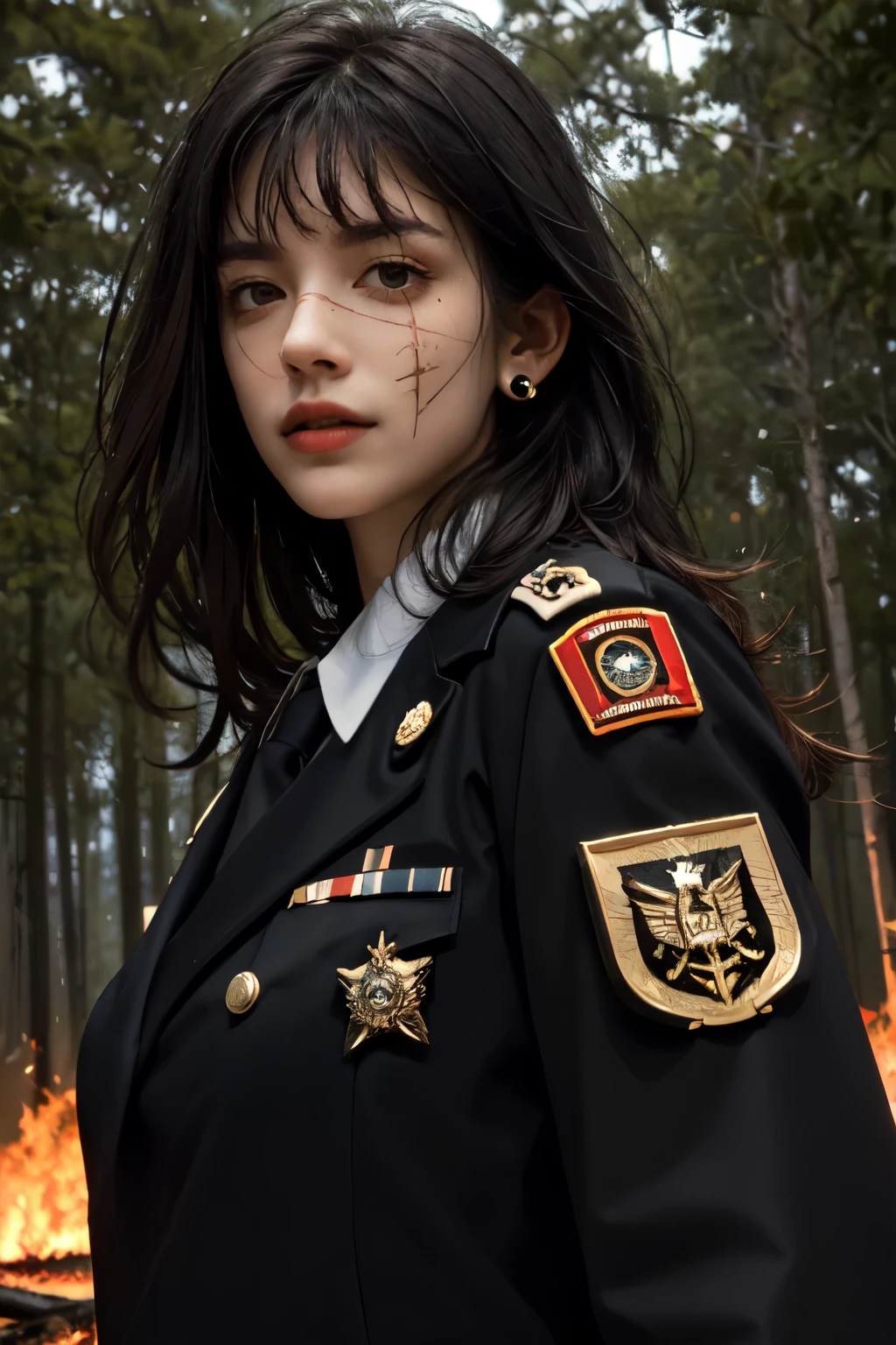 realistic, masterpiece, best quality, close-up, lips , upper body , no makeup, mature female, cowboy shot, black hair, military uniform, black military jacket , black cape , , badge, military jacket , , valor , golden badge , military badge, depth of field, long hair, mole under eye, , earrings, gloves, crowded place , crowd, evening, branch, dead tree, fireflies, sparkle, fire_sparkle , fire  , scar_on_eye , military badge , medals , blood , bleeding , on fire forest , burning trees , military valor , burning background , crowded place , , big fire ,  german  military , battlefield , red eyes , pose  , hair bangs