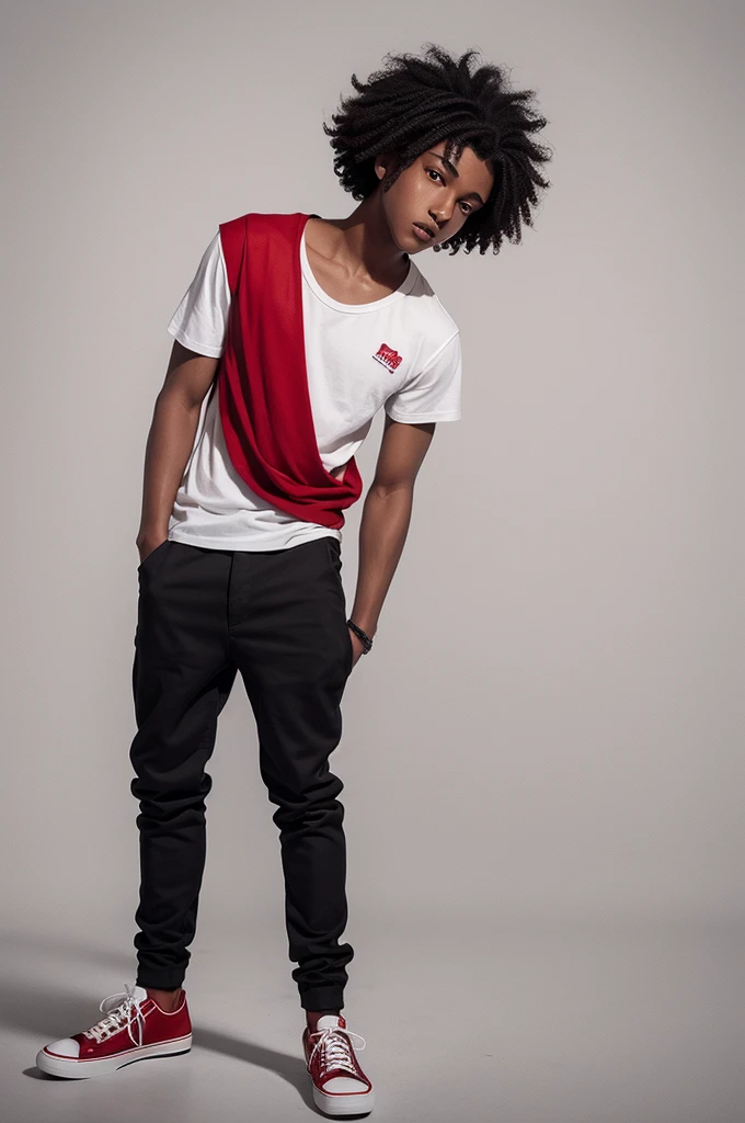 Draw a drawing of an 18-year-old dark-skinned boy, he has short curly hair and a white shirt, black pants and red shoes, draw gta style
