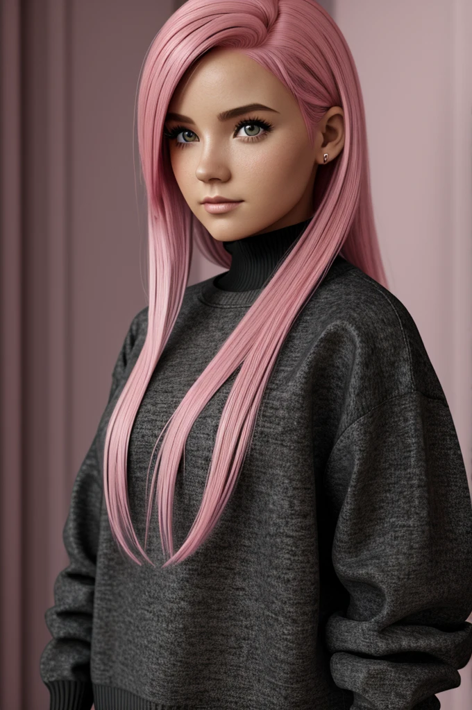 American girl with pink hair and pink eyes in black marl sleeve sweater, Art 3D