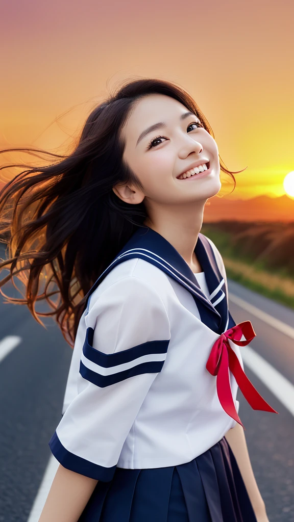 (Wearing a white sailor suit with a navy blue collar and red ribbon and a navy blue miniskirt、Close-up portrait of a girl with long black wavy hair: 1.5)、(Japanese girl with smiling face looking up at the sky on a country road:1.5)、(Blurred Background:1.5)、(red sky at sunset:1.5)、(Perfect Anatomy:1.3)、(Complete Hand:1.3)、(Full Finger:1.3)、Photorealistic、Raw photo、Mastepiece、Highest quality、High resolution、Delicate and beautiful、Perfect Face、Beautiful eyes in every detail、Fair skin、Real human skin、((Thin legs))、(Black Hair)