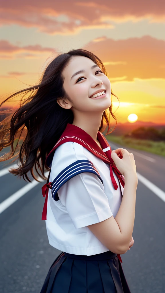 (Wearing a white sailor suit with a navy blue collar and red ribbon and a navy blue miniskirt、Close-up portrait of a girl with long black wavy hair: 1.5)、(Japanese girl with smiling face looking up at the sky on a country road:1.5)、(Blurred Background:1.5)、(red sky at sunset:1.5)、(Perfect Anatomy:1.3)、(Complete Hand:1.3)、(Full Finger:1.3)、Photorealistic、Raw photo、Mastepiece、Highest quality、High resolution、Delicate and beautiful、Perfect Face、Beautiful eyes in every detail、Fair skin、Real human skin、((Thin legs))、(Black Hair)