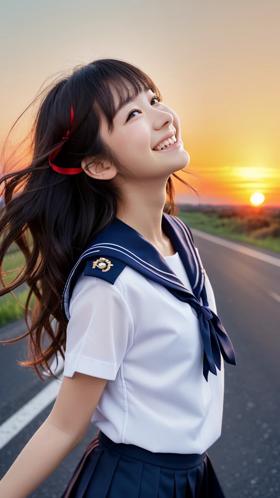 (Wearing a white sailor suit with a navy blue collar and red ribbon and a navy blue miniskirt、Close-up portrait of a girl with long black wavy hair: 1.5)、(Japanese girl with smiling face looking up at the sky on a country road:1.5)、(Blurred Background:1.5)、(red sky at sunset:1.5)、(Perfect ???????:1.3)、(Complete Hand:1.3)、(Full Finger:1.3)、Photorealistic、Raw photo、Mastepiece、Highest quality、High resolution、Delicate and beautiful、Perfect Face、Beautiful eyes in every detail、Fair skin、Real human skin、((Thin legs))、(Black Hair)