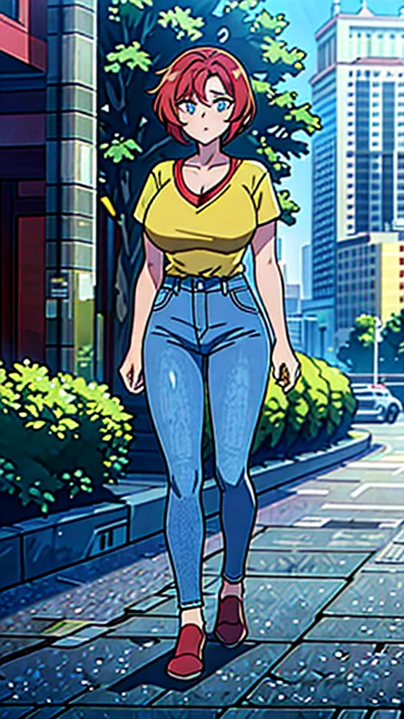 1woman, Large breast, Red hair, Short hair, yellow t shirt, v neck, Blue jeans, White shose, Fullbody, (high resolution), (8K), (extremely detailed), (4k), Blue eyes, Outdoors, city, Daytime, Light, Light skin,