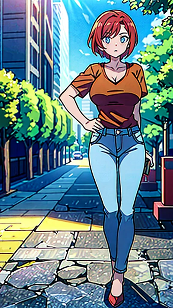 1woman, Large breast, Red hair, Short hair, yellow t shirt, v neck, Blue jeans, White shose, Fullbody, (high resolution), (8K), (extremely detailed), (4k), Blue eyes, Outdoors, city, Daytime, Light, Light skin,