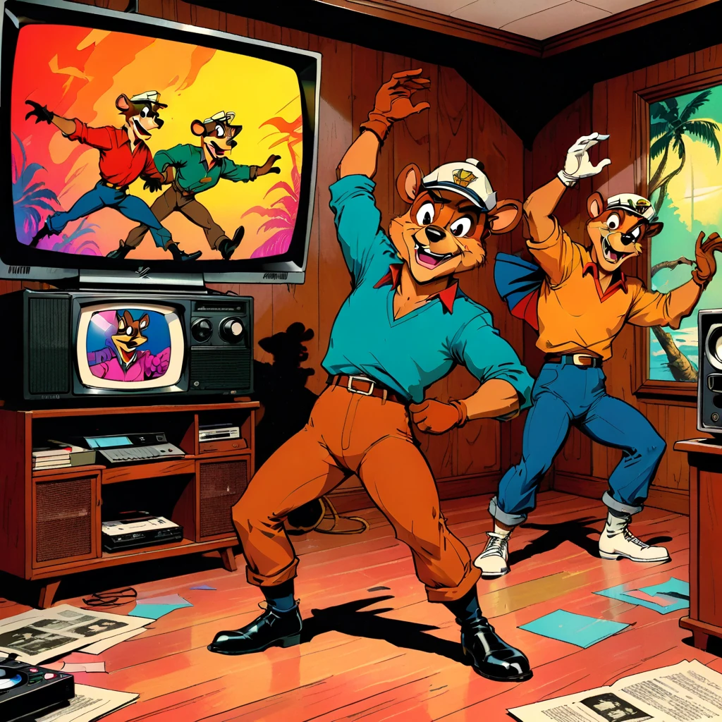 VHS, glitch, distorted, nostalgia, 90's retro vibes, analog tape, vcr aesthetics, tv, television, (Talespin 1990's cartoon homage), comic 1990's, animated tv show screengrab, Talespin cast dancing stanky boogie, cinematic poster, image within image, multiple exposure, massive scale, rich color grading for shading depth, hand drawn rotoscope cartoon realism, chiaroscuro lighting, mixed media, vintage comic, retro original design, 1990's comic, sense of movement energy, taking flight, tropical rot, rewilding, (full roygbiv color) ink charcoal expressive illustration, Talespin aesthetics
